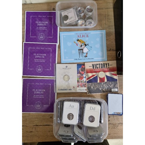 421 - A box of assorted collectable coins & sets to include 25 x 10ps, Victory £2, Olympic 50p, 3 x Platin... 