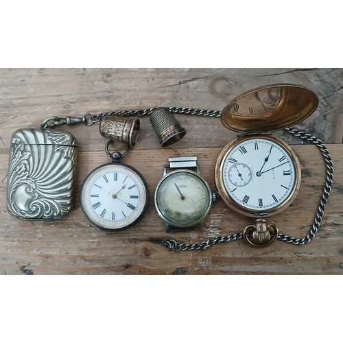 471 - A mixed lot comprising a gold plated Elgin pocket watch, a silver pocket watch, a silver plated vest... 