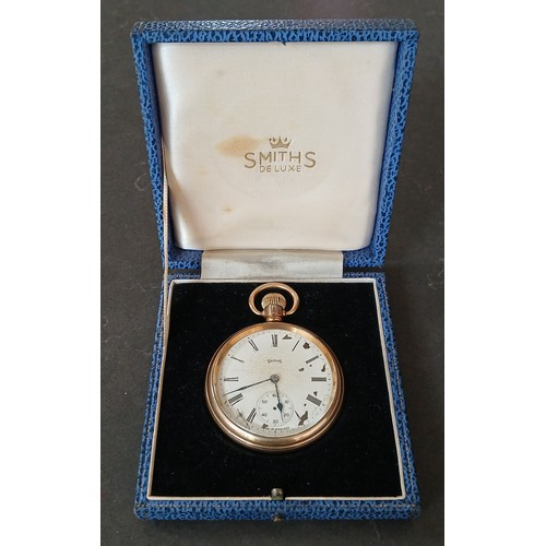 476 - A gold plated Smiths De Luxe pocket watch with case, as found.