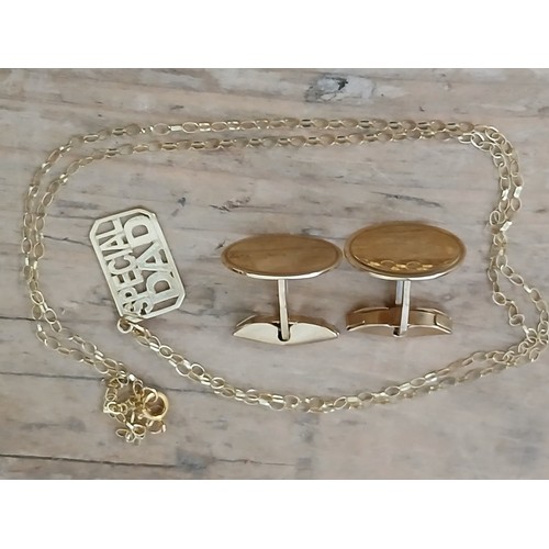 486 - A pair of 9ct gold cufflinks and a pendat on chain marked '9ct', gross weight 5.5g.