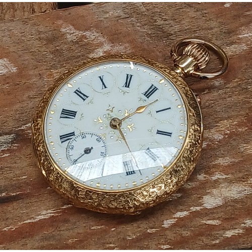 490 - A ladies continental pocket watch, case back and inner both marked '18K', diameter 35mm, gross weigh... 