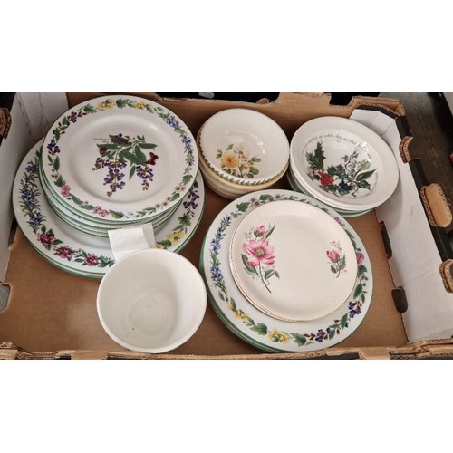 560 - A box of botanical pattern dinner wares including Royal Worcester Worcester Herbs, Port Meirion etc.