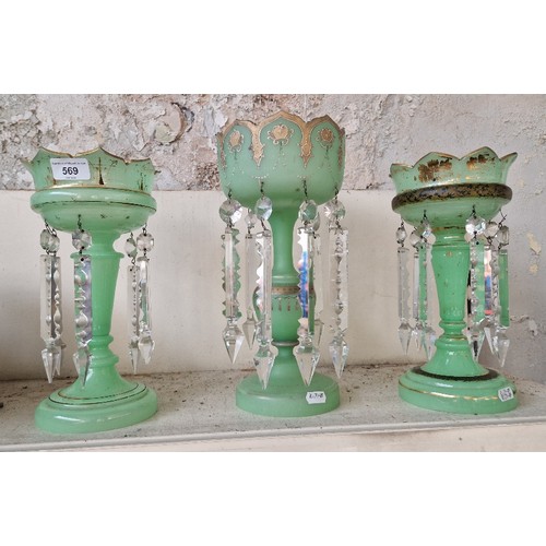 569 - Three green French opaline glass lustres