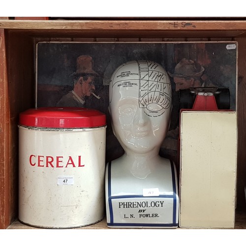 47 - A mixed lot comprising a ceramic phrenology head, a metal cereal storage canister, a print after Cez... 