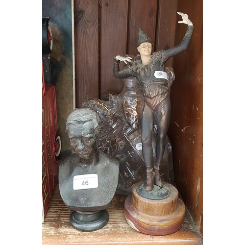 46 - A metal bust, a metal figure on onyx base, and two Gastagnon Nogaro, France armagnac bottles in the ... 