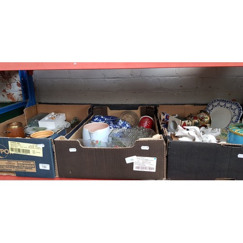 133 - Three boxes of assorted pottery and glass including a Chinese blue and white ginger jar, a reproduct... 