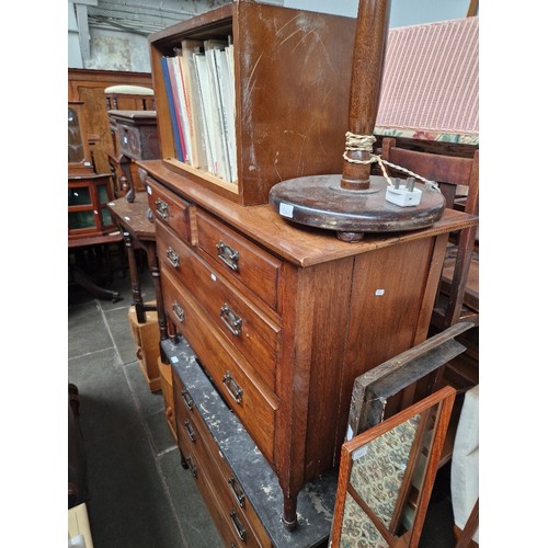 906 - Assorted furniture comprising a marble top chest and matching chest of drawers, a teak framed mirror... 