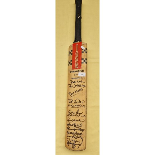 104 - Various items; multi signed snooker cue and programme, signed cricket bats, other signed cues.