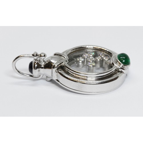 2 - DAVID BURNS: a floating diamond pendant, set with a sapphire cabochon to top and emerald cabochon to... 