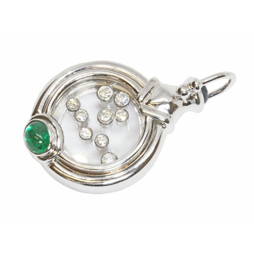 2 - DAVID BURNS: a floating diamond pendant, set with a sapphire cabochon to top and emerald cabochon to... 