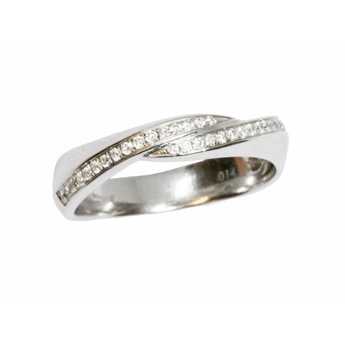 12 - An 18ct white gold diamond ring, pave set round brilliant cut diamonds in cross over setting weighin... 