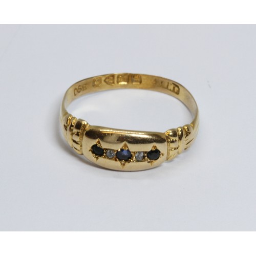 23 - An antique 18ct gold diamond and blue stone ring, sponsor 'JH&S', Chester 1916, gross weight 2.1g, s... 