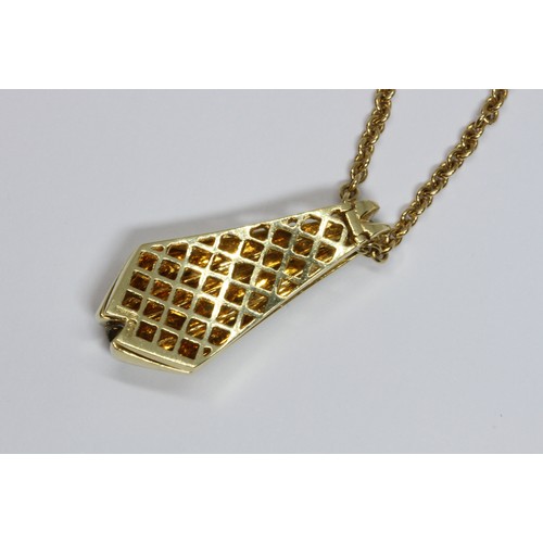 17 - CARTIER/MAYORS: an 18ct yellow gold diamond pendant on chain, the pendant with channel set round bri... 