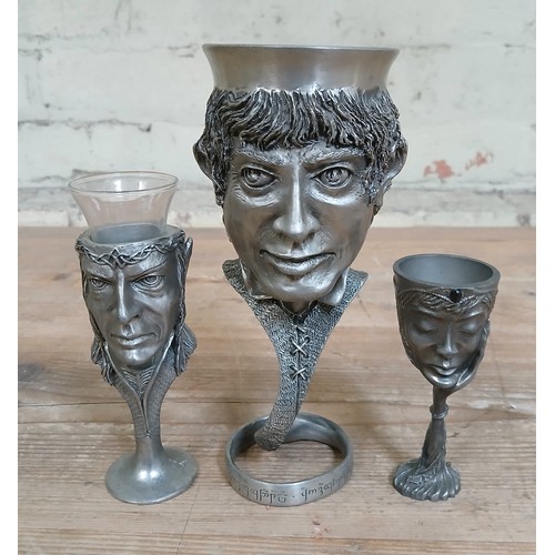 435 - Three Royal Selangor Lord of the Rings pewter goblets; Galadriel, Frodo and one other.