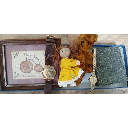 448 - A mixed lot including a Raymond Weil gold palted wristwatch, gent's accessories, a small teddy and d... 