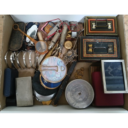 449 - A box of assorted collectables including whistles, silver etc.