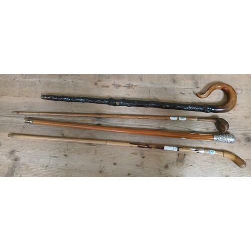 457 - A group of four antique/vintage walking sticks comprising a cane with white metal buckle collar, a m... 