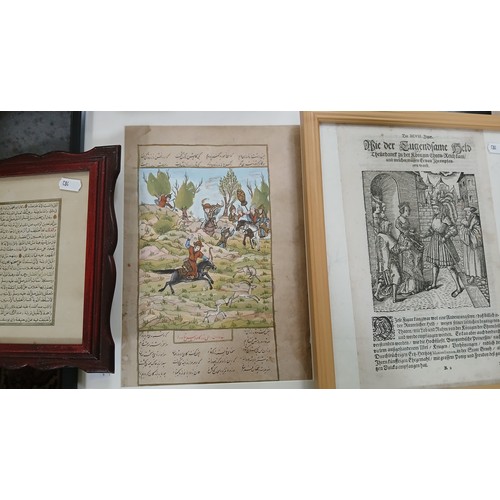 479 - A Persian illuminated page, a Koran page and a 17th century German engraving.