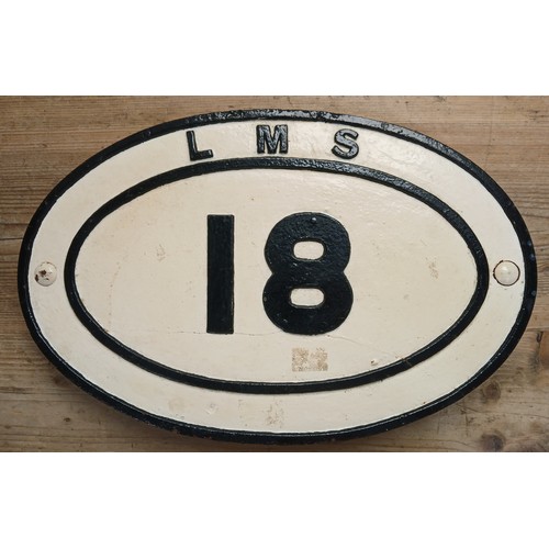 501 - A cast iron LMR 18 sign, mounted on wooden plaque, 45cm x 29cm.