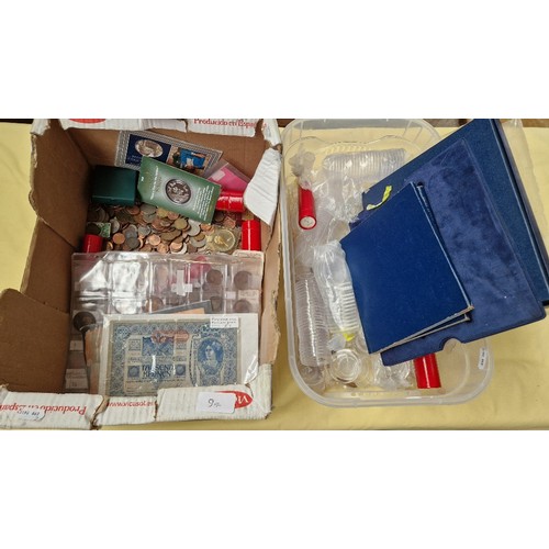 94 - A box of world coins and banknotes together with a box of accessories