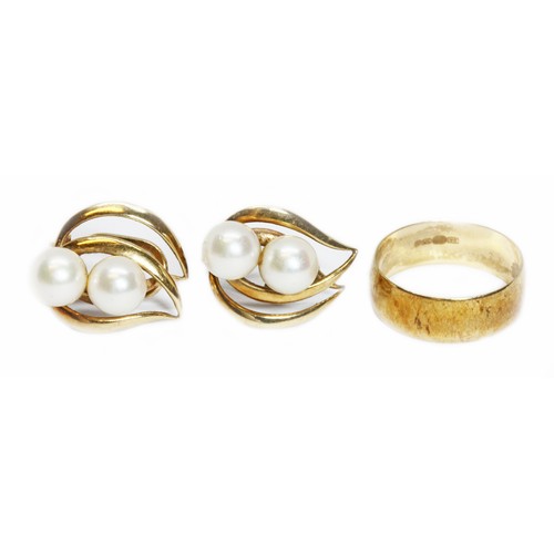 38 - A pair of cultured pearl earrings marked '9.375' and a hallmarked 9ct gold ring, gross weight 7g.