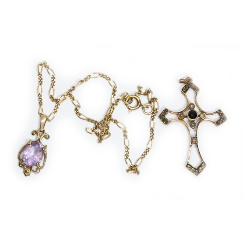 44 - A 9ct gold amethyst pendant on chain and an antique cross pendant, unmarked, gross weight 4.8g.