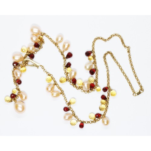 39 - An 18ct gold multi-gem set necklace, fifteen cultured pearls drops slightly peachy yellow in colour ... 