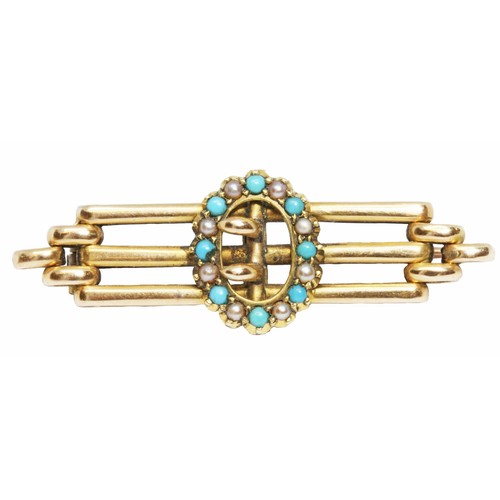 43 - An early 20th century antique brooch set with split pearls and turquoise, length 40mm, marked '15ct'... 