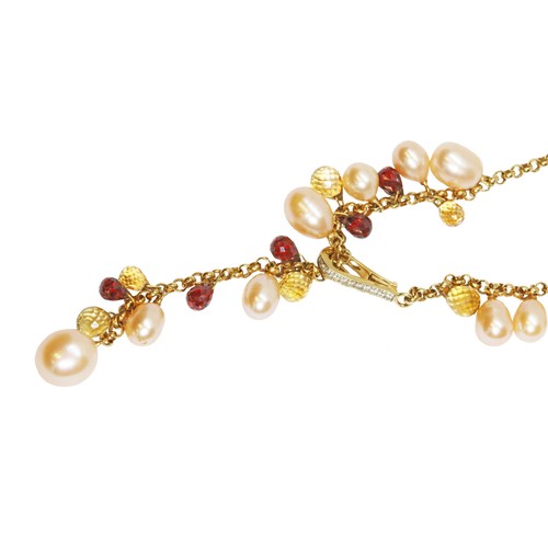 39 - An 18ct gold multi-gem set necklace, fifteen cultured pearls drops slightly peachy yellow in colour ... 