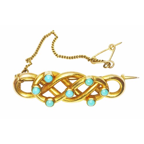 31 - An antique yellow metal brooch of knotted form and set with turquoise cabochons, length 40mm, unmark... 