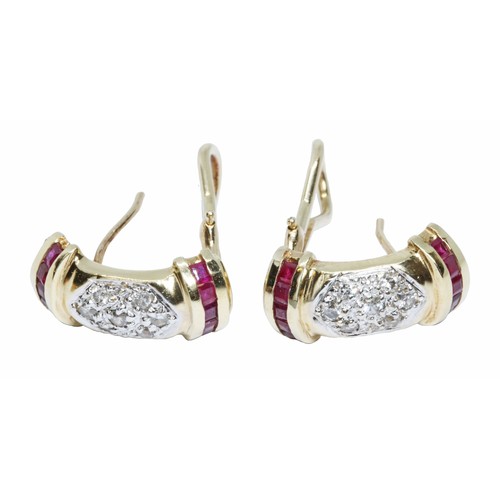 56 - A pair of diamond and ruby earrings, each cluster measuring approximately 17mm x 8mm, marked '14K', ... 