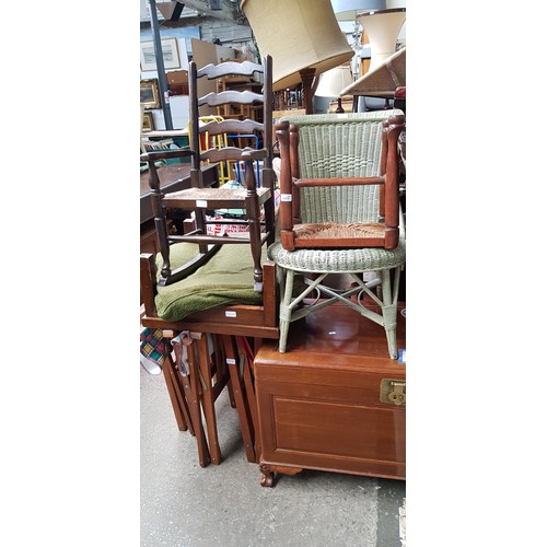 1017 - Various items of furniture including rush seat rocking chair, rush seat stool, painted wicker chair,... 