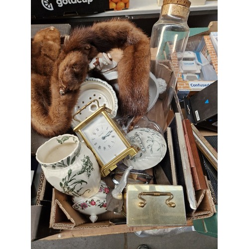 109 - A mixed box comprising carriage clocks including Bayard 8 day, spaghetti storage jar, photo frames, ... 