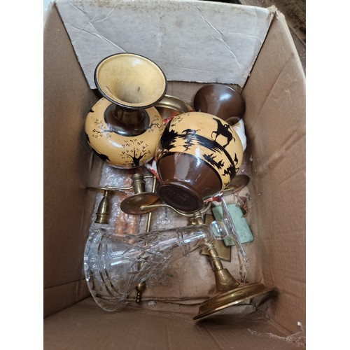 102 - A box of assorted items including glass vase, two pottery vases, brassware etc