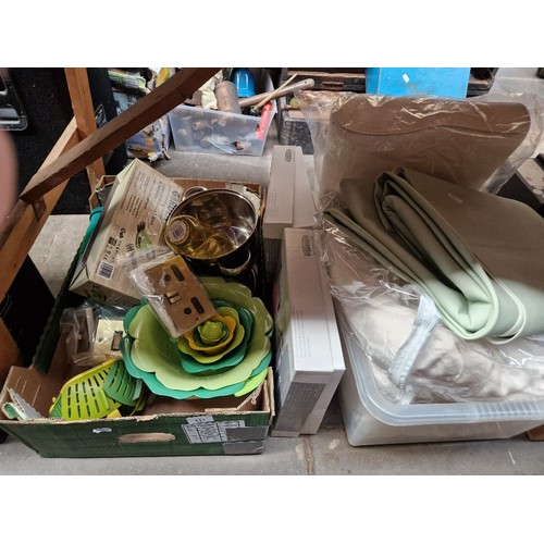 111 - Two boxes of mixed items including kitchenware, brass electrical fittings, bedding, including Silent... 