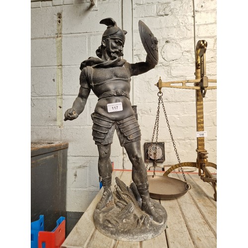 117 - A spelter figure, medieval warrior signed Detrier