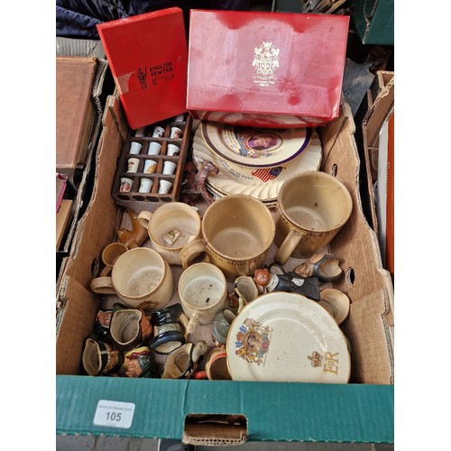 105 - A box of mixed ceramics to include thimbles, character jugs, royal commemorative stoneware etc