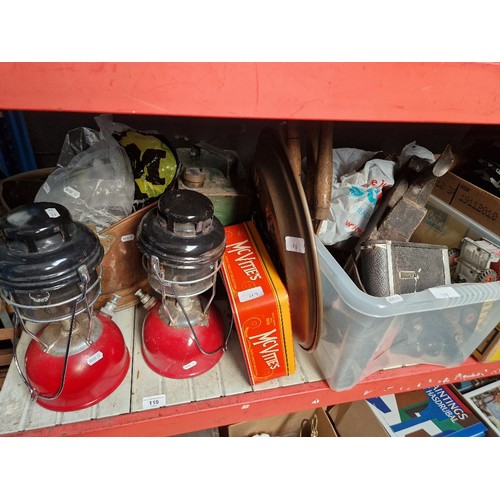 119 - A mixed lot of tools, two Tilley lamps, metal ware, sea fishing reels etc. etc.