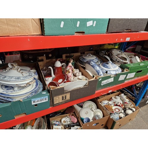 175 - 4 boxes of pottery including blue and white, Suzie Cooper coffee set, glassware, ornaments, figurine... 