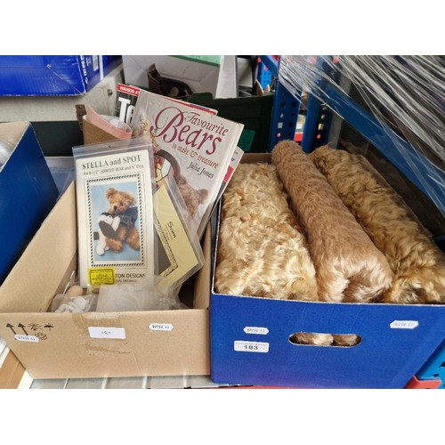 183 - Two boxes of teddy bear making supplies including Steiff Shulte mohair fabric, paw fabric, kit, maga... 