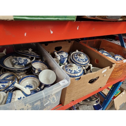 196 - 3 boxes of Booths Old Willow pottery including tureens etc