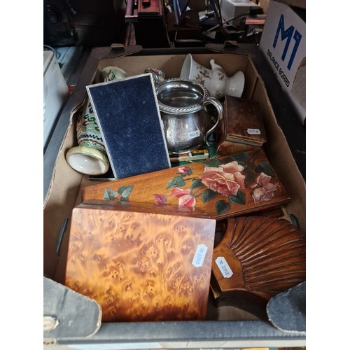 200 - A mixed lot of assorted items including wooden boxes, two Art Nouveau tiles, a Japanese vase, a silv... 