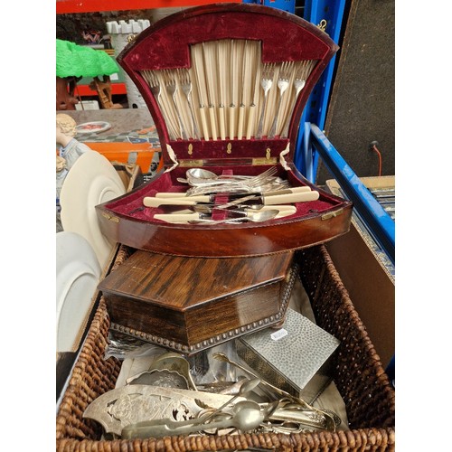 191 - Two canteens of silver plated cutlery and a box of assorted silver plate and other metal ware.