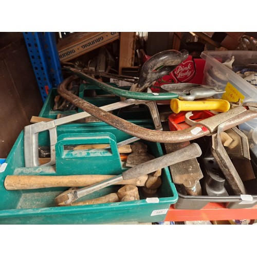 195 - 2 boxes of hand tools including saws, hammers, plane etc