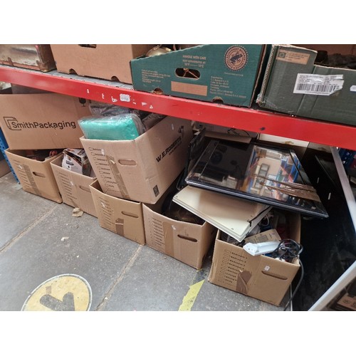 218 - 7 boxes of miscellaneous items including a television, clock, bed linen, handkerchiefs, cable protec... 