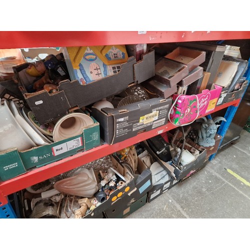 217 - 2 shelves comprising appx 13 boxes - miscellaneous pottery, Grundig City Boy radios, glass bowl and ... 