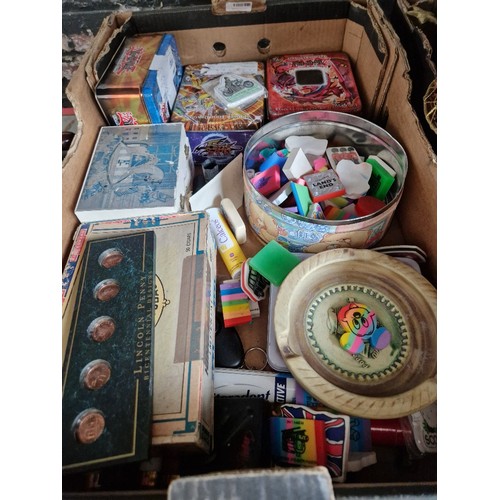 230 - A mixed box to include tins, coins, erasers etc