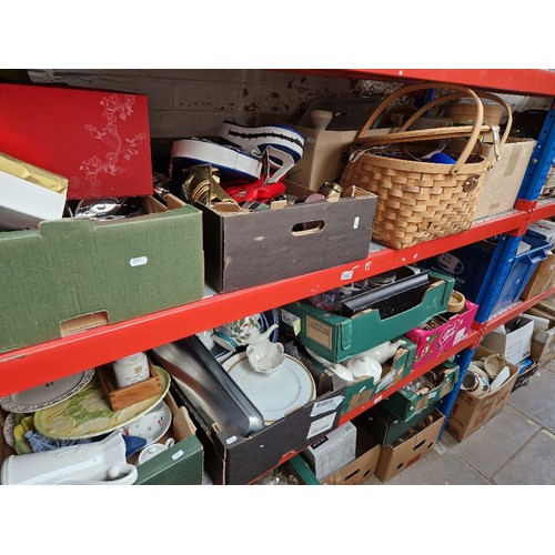 232 - 2 shelves of miscellaneous items including kitchenalia, pottery, picnic set in a woven basket, footb... 