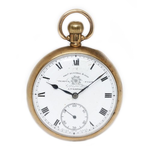 75 - A Thomas Russell & Son hallmarked 9ct gold open faced pocket watch, diameter 48mm, gross weight 84.9... 