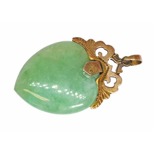 74 - A jadeite jade heart shaped double sided cabochon pendant, yellow metal mount, the bail marked '585'... 